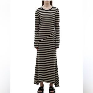 Bassike Black and Cream Striped Casual Stretch Cotton Long Sleeve Dress